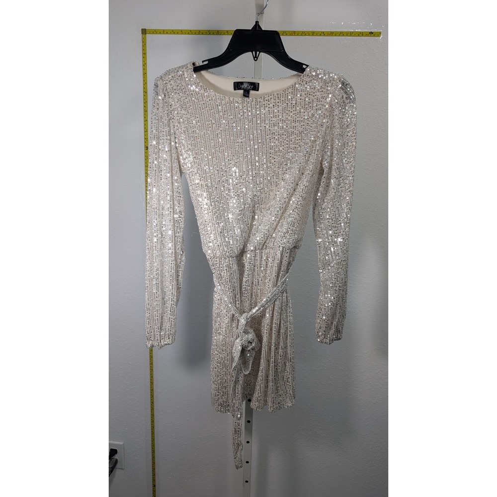 Crystal Sky Silver Sequin Mini Dress Long Sleeve Belted Party Cocktail Womens‎ S